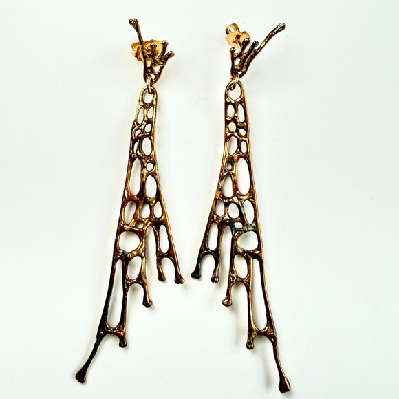 Jewelry - Estate 14K Solid Gold Brutalist Abstract Sculptural Web Drip 2.6" MCM Earrings